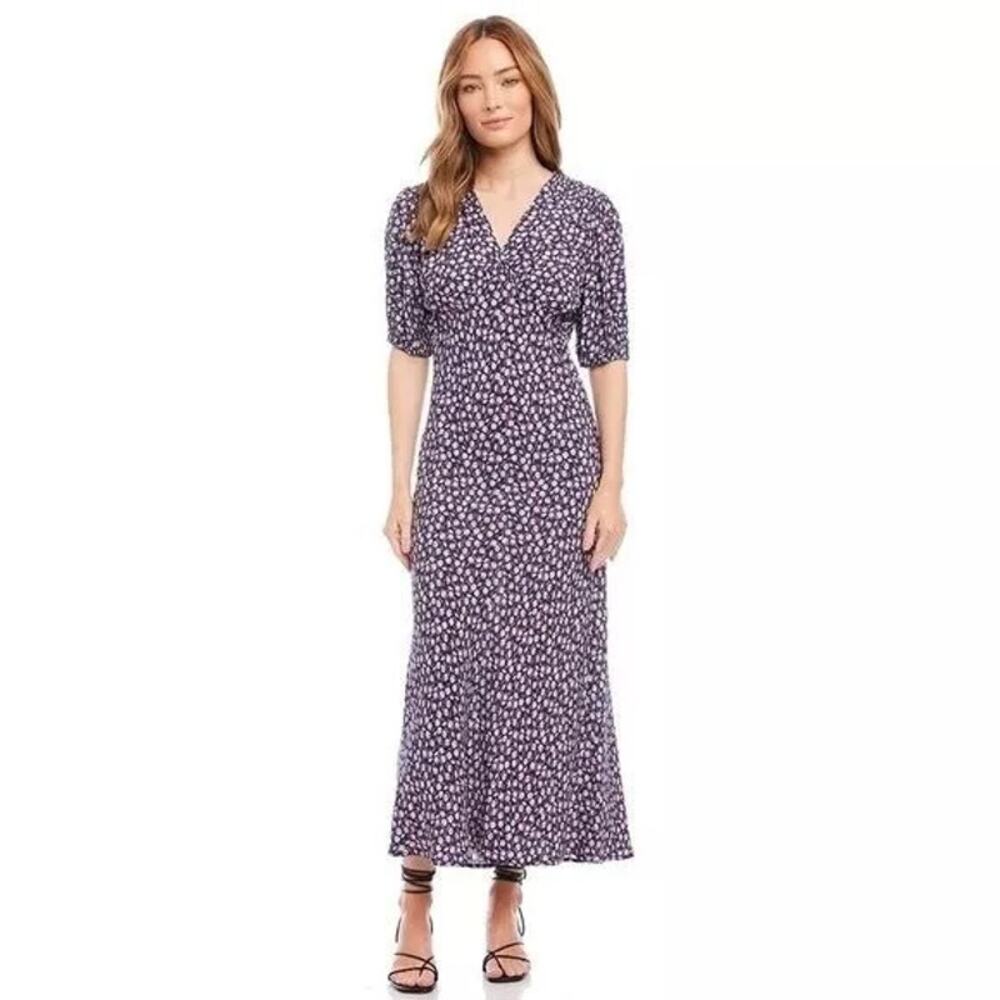 Karen Kane Puff Sleeve Bias Maxi Dress Floral Daisy Multicolor Size L NWT